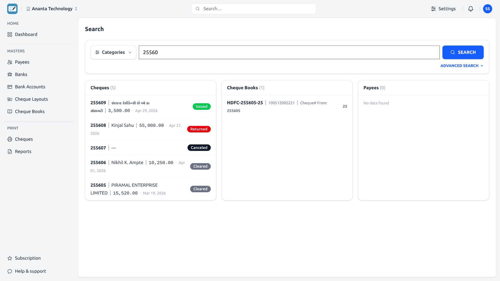 Advanced search across the cheque database