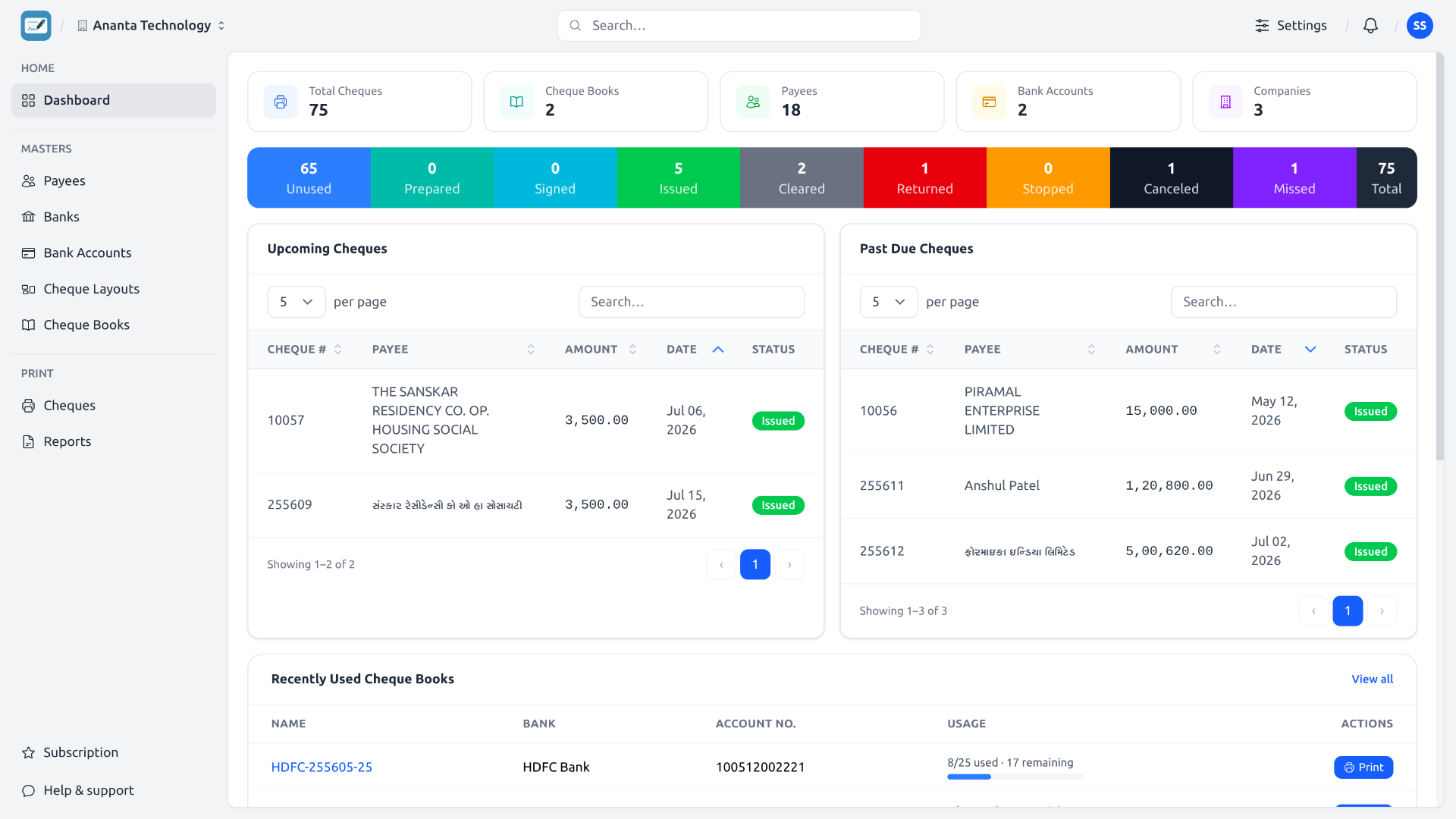 ChequePot dashboard showing cheque management, reporting and tracking