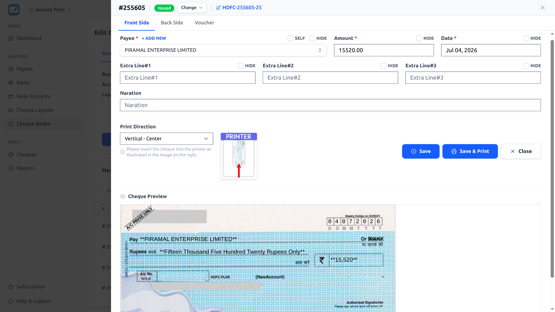 Instant live preview of a cheque before printing
