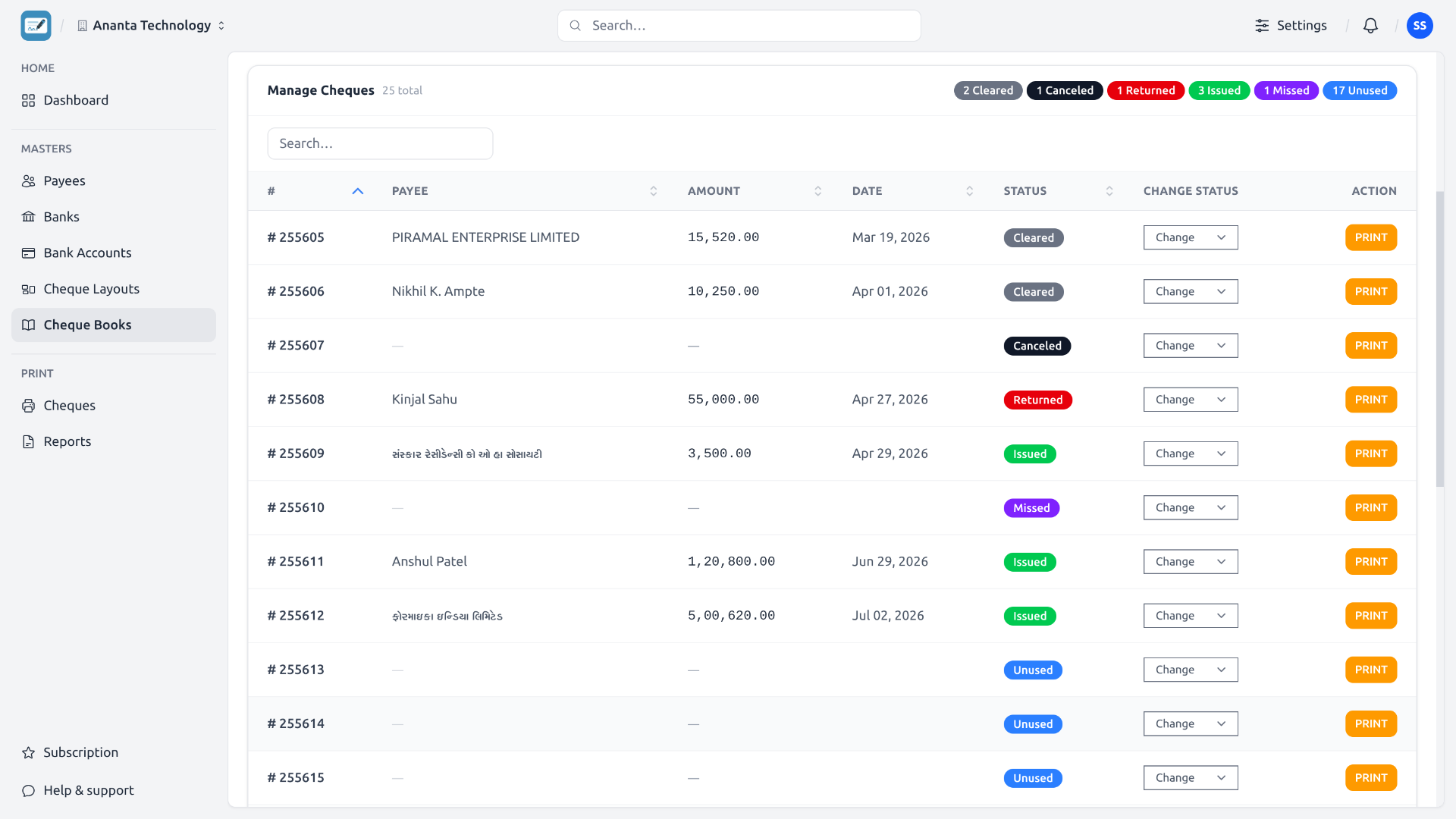 Dashboard tracking the status of issued cheques