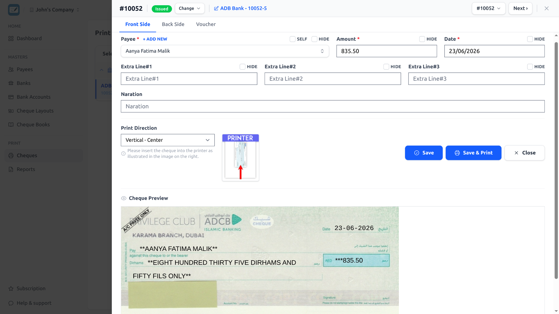 Selecting a currency while printing a cheque