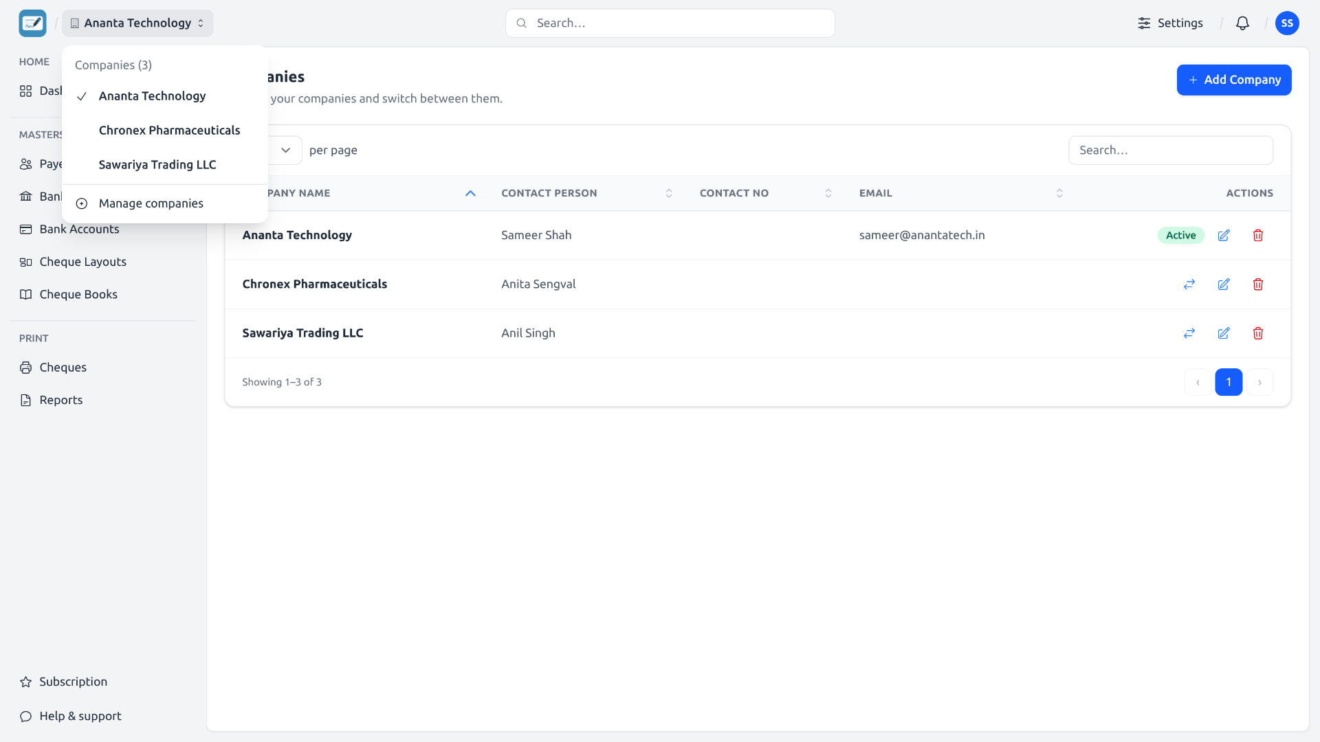 Managing multiple companies within a single ChequePot account
