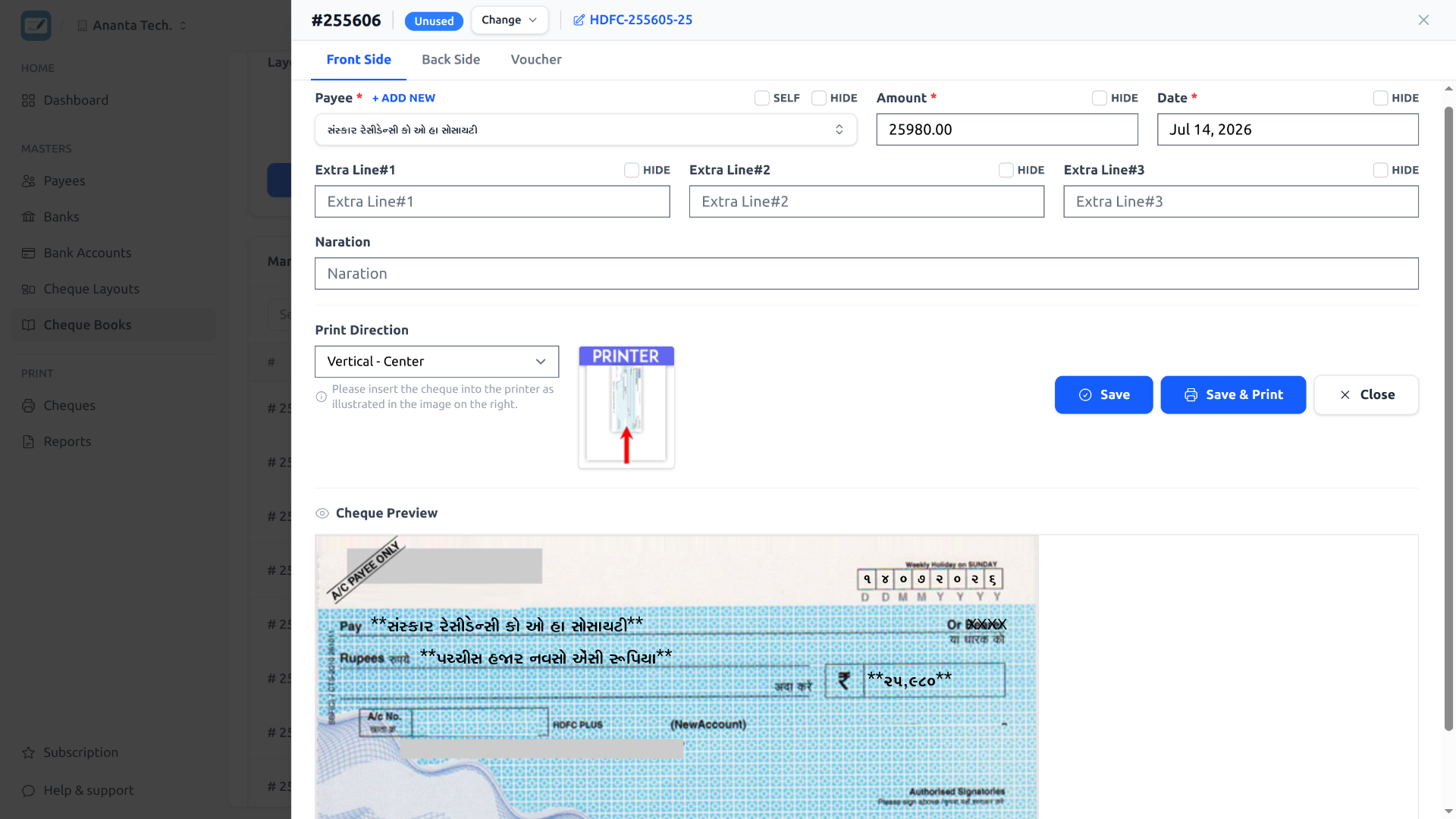 Printing a cheque with the amount in words in multiple languages