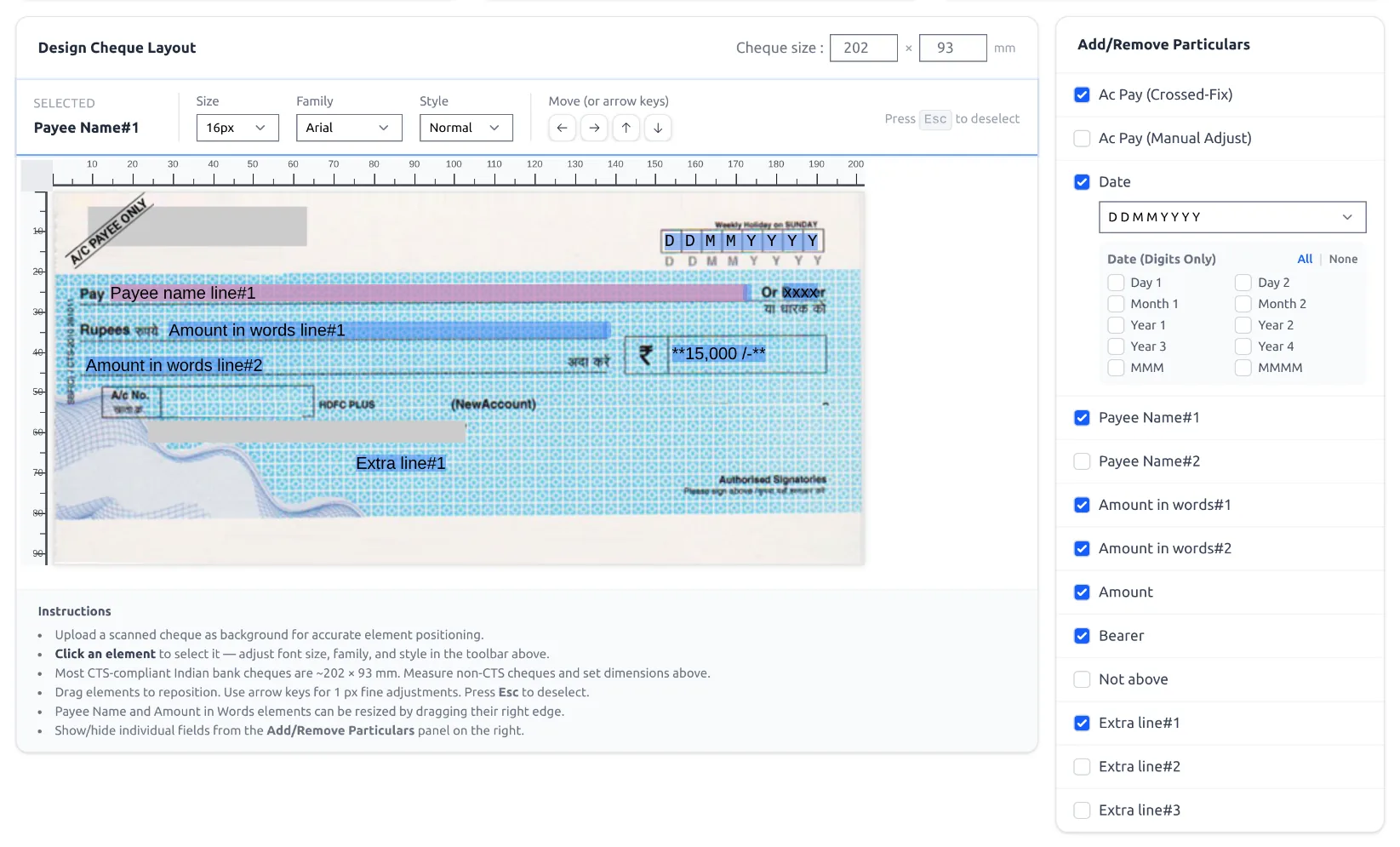 The cheque layout editor — drag each field onto a scan of your cheque.