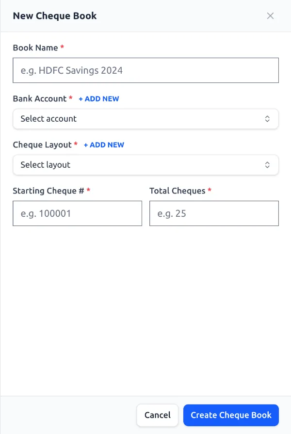 Creating a cheque book — link a bank account and a layout.