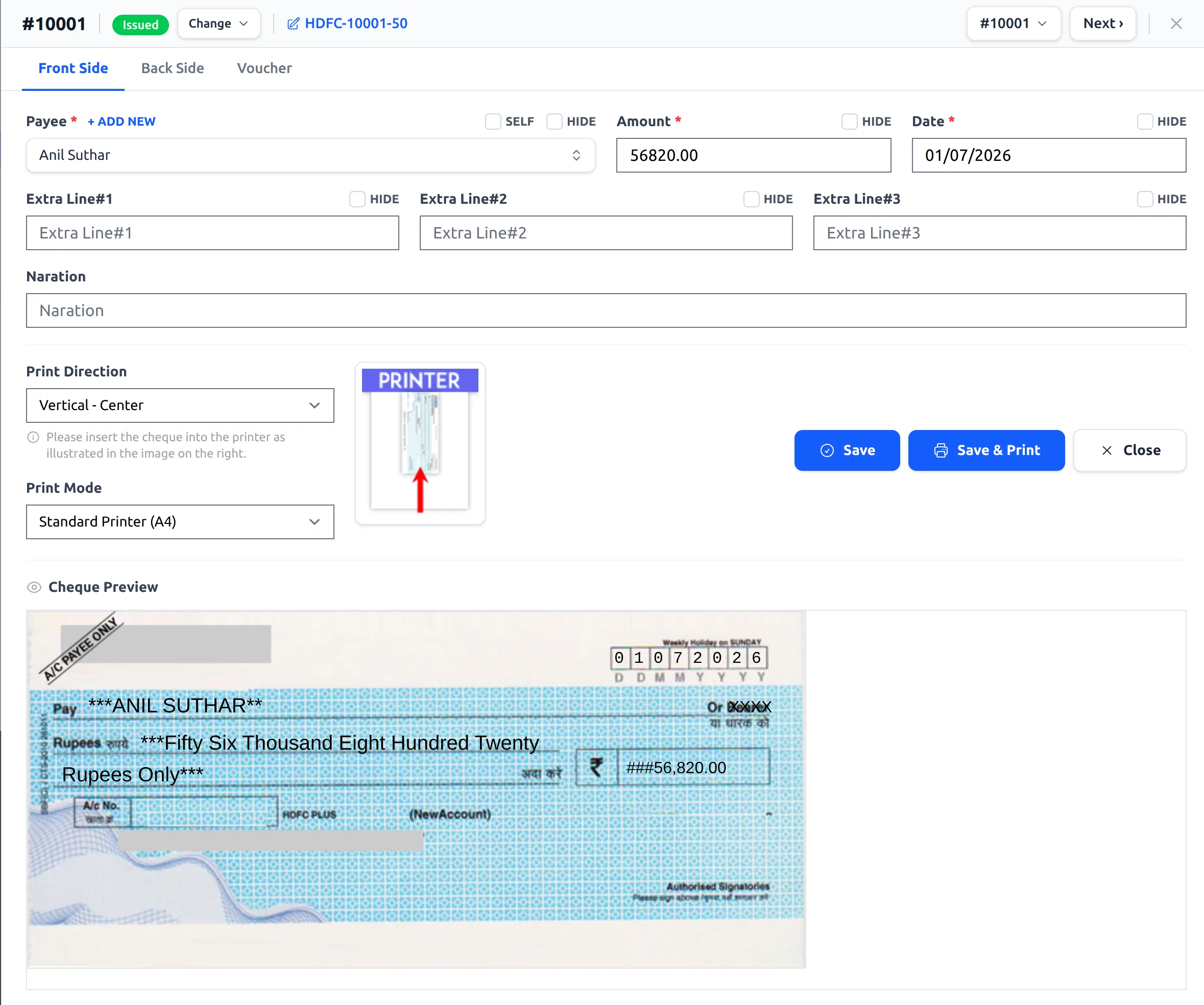 The print panel — enter payee, amount and date with a live preview.